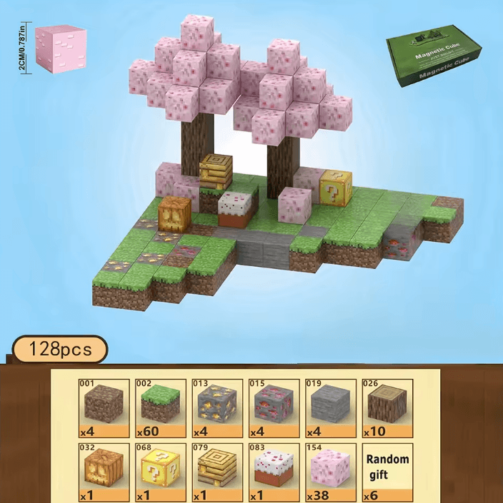🌸 Minecraft Cherry Blossom Forest Building Set – 128pcs Pink Tree Playset with Cake, Lucky Block & Beehive – Ultimate Pixel Toy for Creative Builders & Collectors - The Night Market
