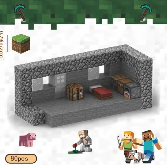 🏠 Minecraft Survival Base – 80pcs Cozy Stone House with Bed, Crafting Table & Pig - The Night Market